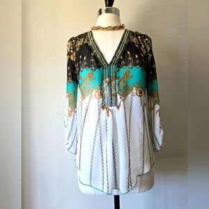 Joseph Ribkoff Black, Teal, and Gold Boho Semi Sheer Blouse. Size 4